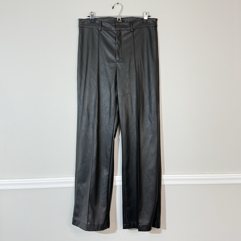 NWT Micas Faux Leather High Waist Trousers Center Seam Black Sz LG Wide Leg
